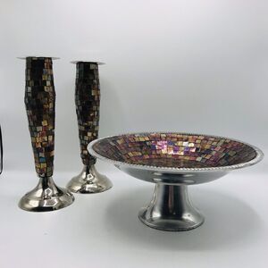Vintage Mosaic Wood Candlestick Candle Holder W Matching Pedestal Dish MCM
